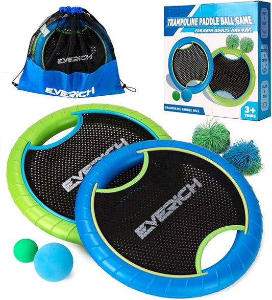 EVERICH TOY Trampoline Paddle Ball Set with 2 Bouncy Paddles & 4 Balls - Soft Foam Design for Kids Play Indoor Outdoor Beach Backyard Lawn - Great Gift Idea for Boys & Girls