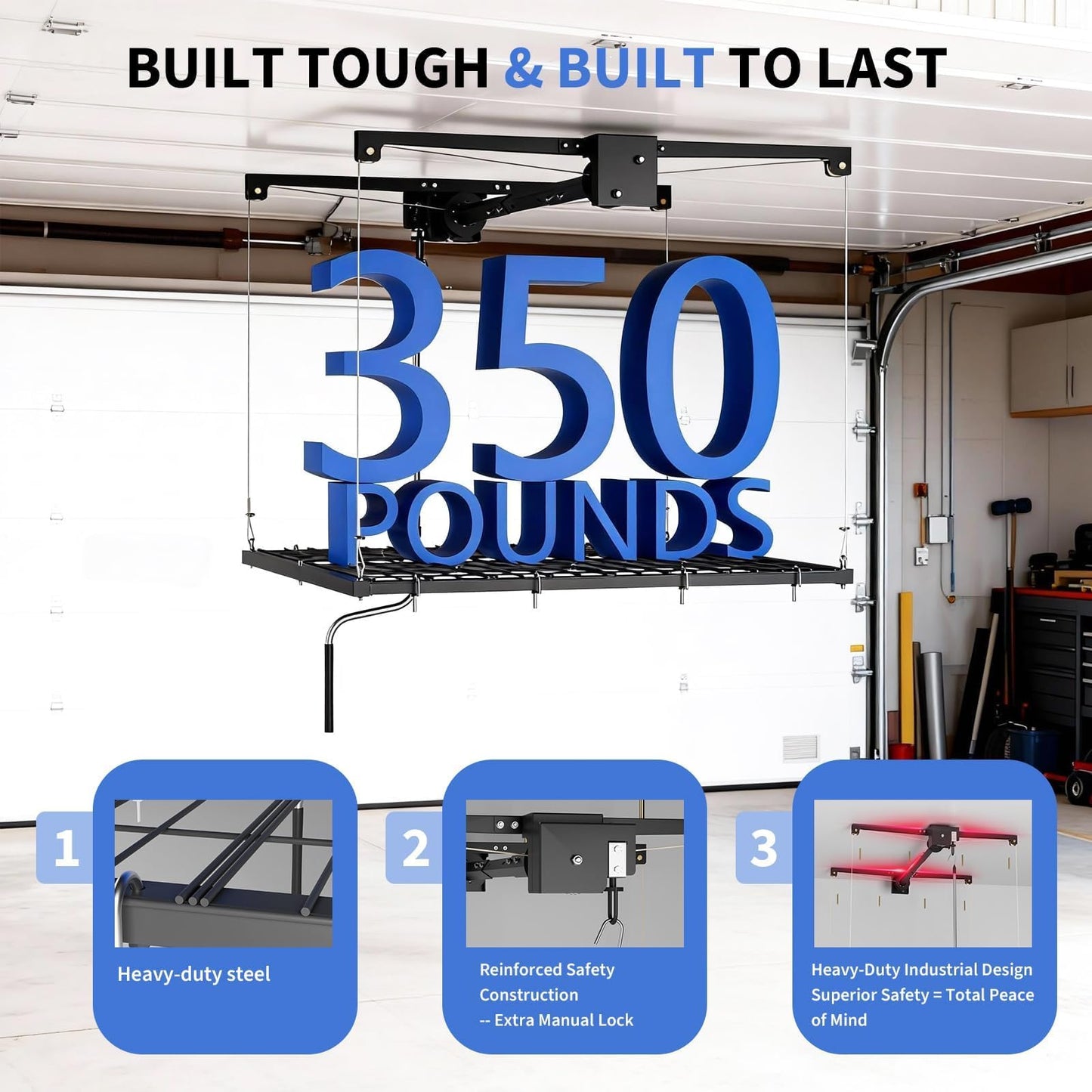 EliteEdge 4x4 FT Overhead Garage Ceiling Storage Rack, 350 LBS Heavy-Duty Lift Elevator System with Smooth Hand Crank, Space-Saving Hoist Organization for Bins, Tools & Seasonal Gear