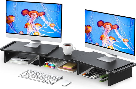 2 Zimilar Dual Monitor Stand Riser, Monitor Stand with Adjustable Length and Angle, Wood Monitor Stand for Desk