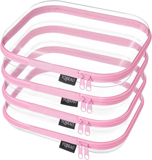 YQBRAO 4-Pack Clear Diaper Bag Organizer Pouches, 1.2mm Ultra-Thick PET Travel Pouches for Toiletries & Makeup, Rigid Self-Standing Bags with YKK Zippers, TSA Approved (Pink)