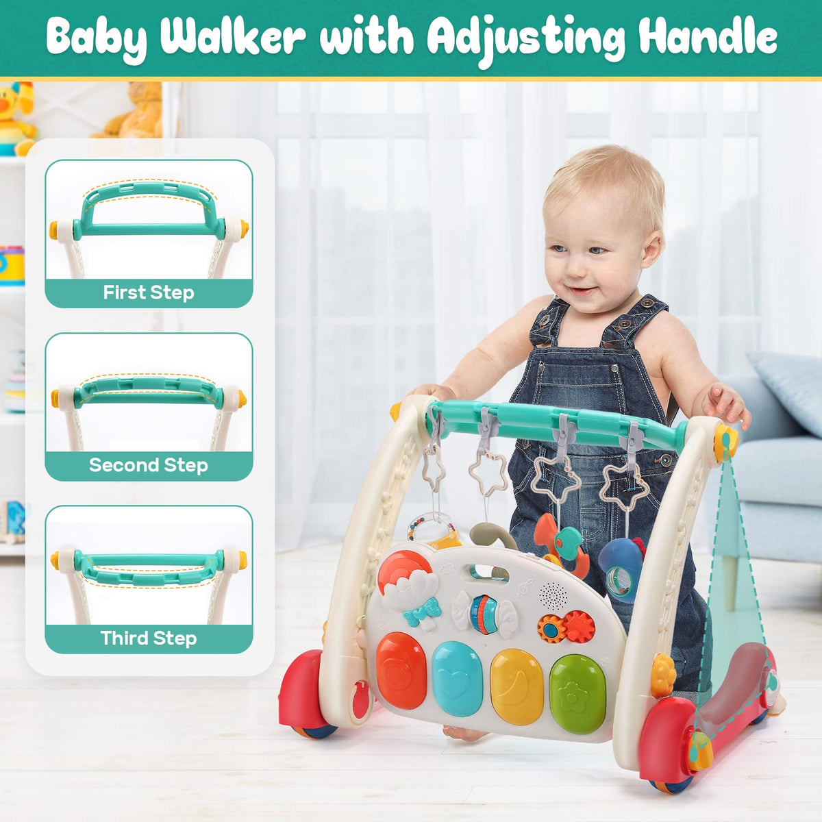 CUTE STONE Baby Play Gym & Learning Walker, Baby Play Mat with Play Piano, Musical Activity Center with Lights, Baby Push Walkers & Thin Playtime Mat for Infant Newborn Toddlers