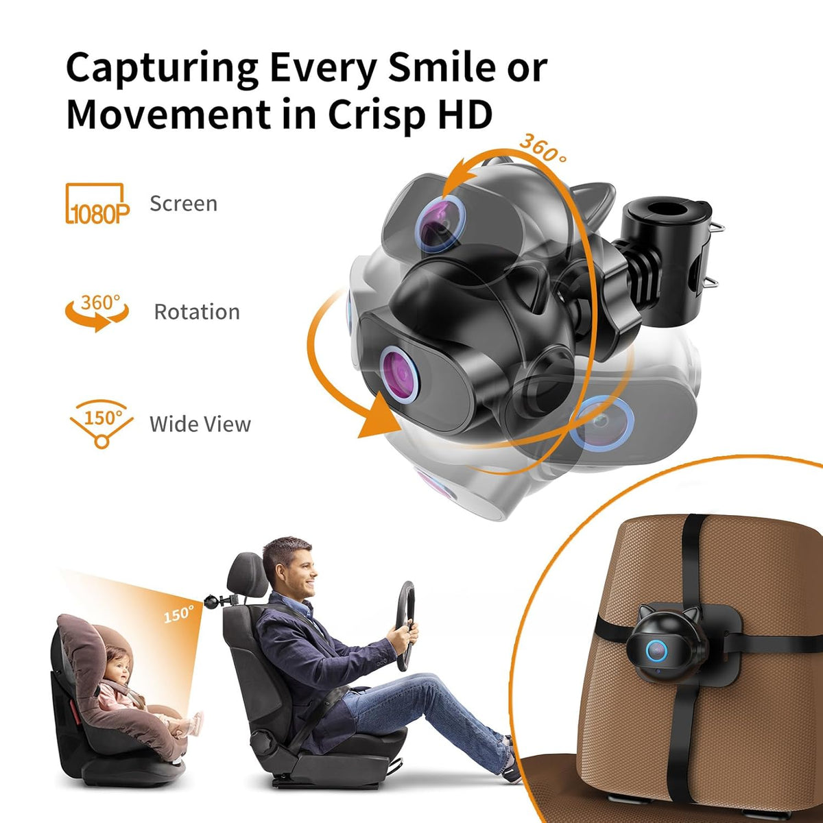 Setup 4.3'' 1080P 4X Zoom,10 360 Baby Car Camera,Plug and Play Easy HD Car Baby Monitor with Lullabies, Auto IR Night
