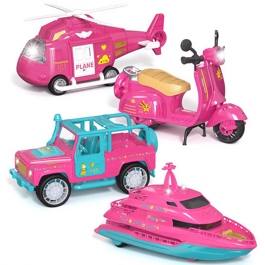 Eviboy 10-in-1 Car Toys Set, Battery-Powered Vehicle Toys with Lights & Sounds, Includes Off-Road Vehicle, Yacht, Motorcycle & Helicopter, Perfect Birthday for Girls Ages 3-6（Pink）