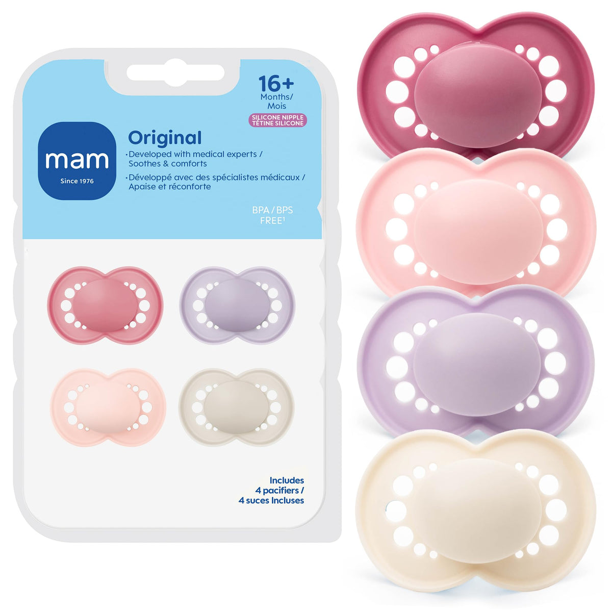 MAM Original Matte Baby Pacifiers 16+ Months, Binky for Newborn Babies, BPA-Free Skin Soft Silicone Nipple, Easy to Clean, Developed with Medical Experts, 4 Count, Made in Europe