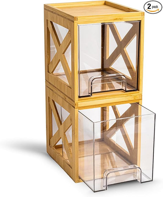 Stackable Bamboo Snack Drawer Organizer (2 Pack) – Pull-Out Storage Bins with Clear Acrylic Drawers – Pantry Storage for Snacks, Coffee Pods, Spices & K-Cups