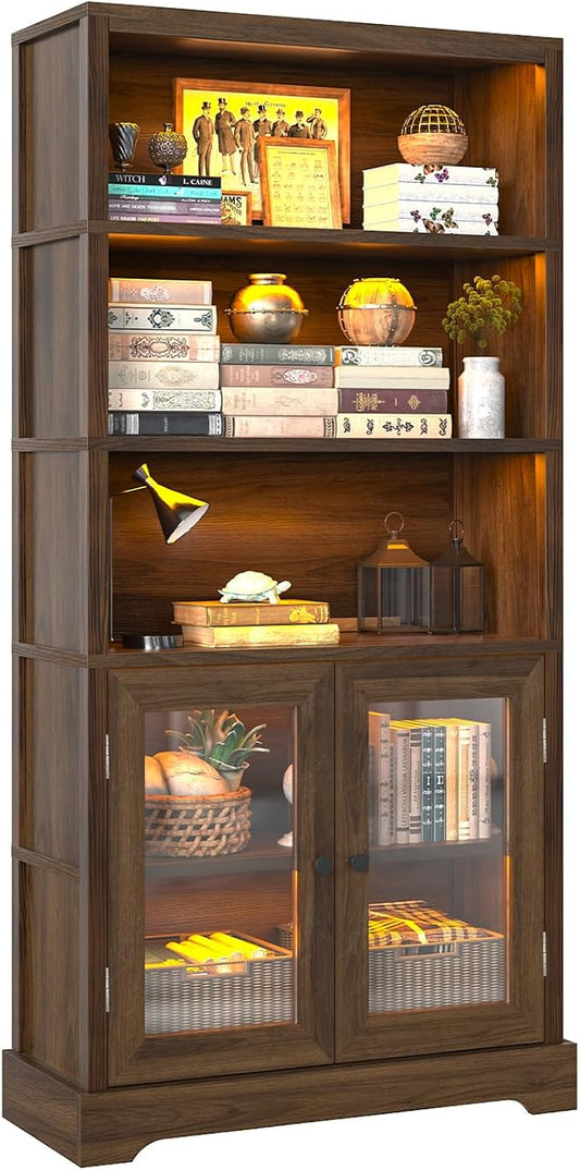 TVU 5-Tier Bookshelf, 65" Bookshelf with Multi-Color Ambient Lights (APP Remote Control), Tall Display Shelf with Cabinet Doors, Suitable for Living Room, Bedroom, Study, Office, Rustic Brown