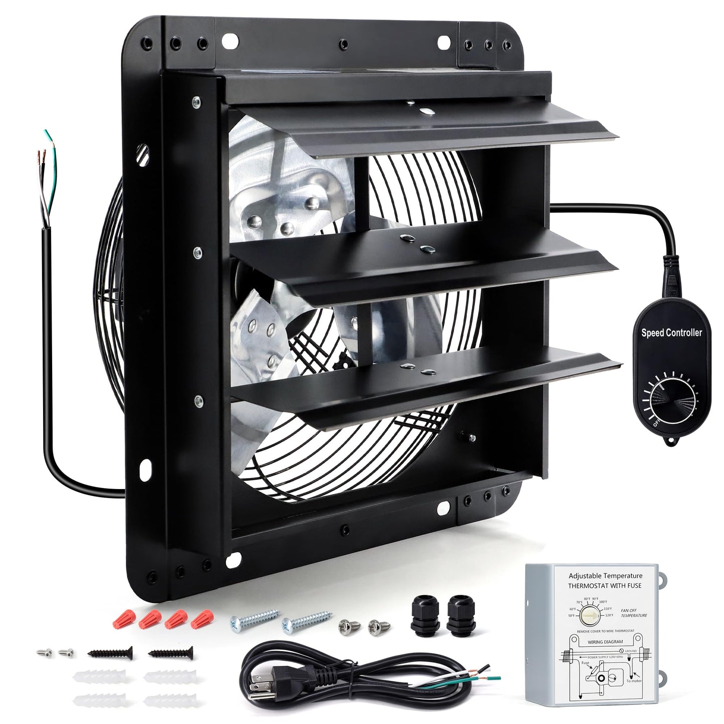 Hipoilk 12 Inch Wall Mounted Shutter Exhaust Fan with Thermostat and Speed Controller for Attic, Greenhouse, Shed, Garage, Chicken Coop, Shop, Barn Ventilation, 970 CFM Louvered Vent Fan, Black
