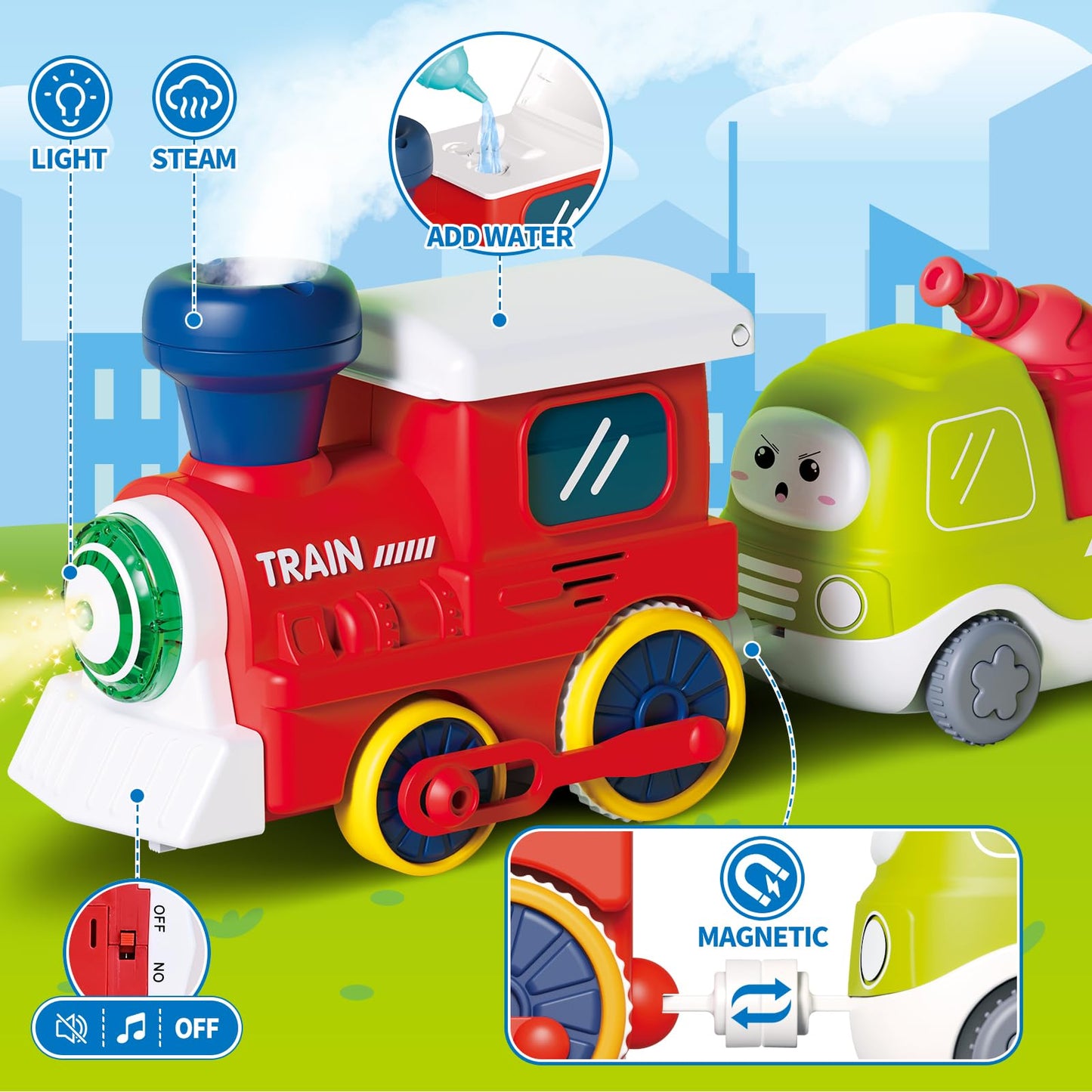 Train Set for Toddlers w/Steam, Sound & Lights, Toddler Toys for Age 2-4, Electric Train Set with Tracks Road Signs, Magnetic Train Toys Christmas Birthday Gifts for 2 3 4 5 Year Old Boys & Girls