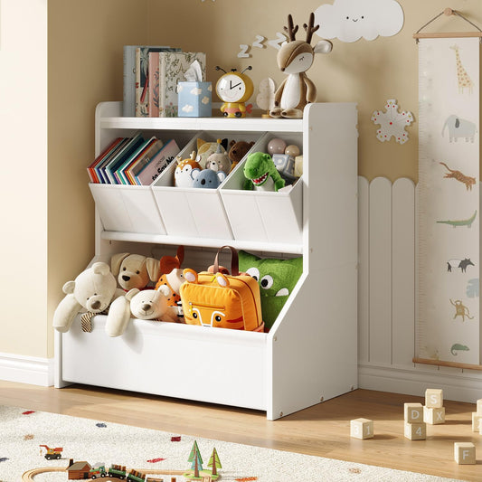FOUCSSOMEI Kids Toy Storage Organizer, 3-Tier Toy Storage Shelf, Narrow Toy Organizer with Removable Bins, Safe Stable Design for Playroom Nursery Living Room, Patent Design