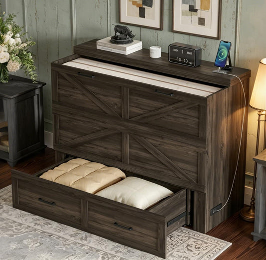 Bellemave Full Size Murphy Bed with Charging Station and Storage, Farmhouse Murphy bedframe with Foldable Panel, Noisy Free, for Guest Bedroom, Living Room, Office, Rustic Gray