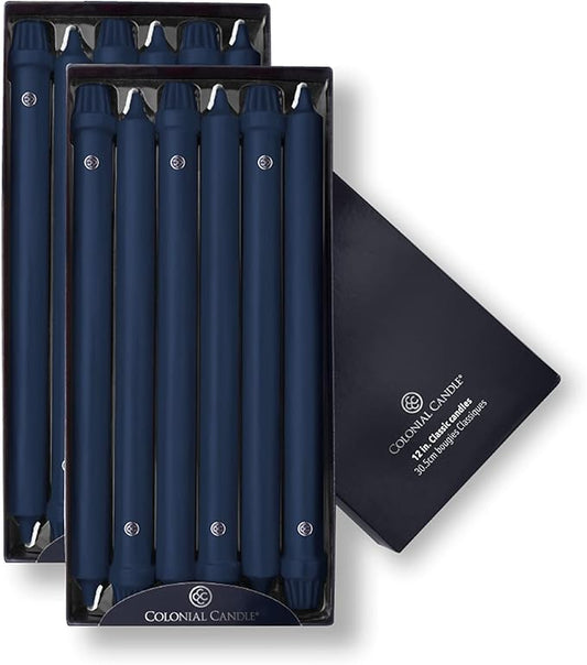 Colonial Candle Unscented Taper Candle, Classic Collection, Indigo, 12 In, Pack of 12 - Up to 10 Hours Burn
