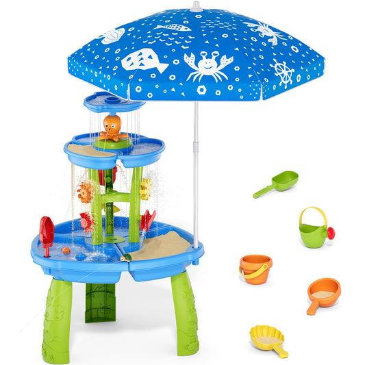 HYES Water Table for Toddlers 3-5, 3-Tier 6 Zones Water Sand Table with Umbrella, Rain Showers Splash Pond Toys for Outdoor Beach Backyard Summer, Kids Activity Sensory Playset for Boys Girls, Blue