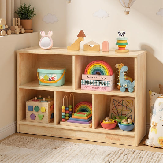 PTINFLUCE Rubber Wood Montessori Shelf, Wooden Toy Storage Organizer for Books Toys, 2 Shelf Bookcase, 5-Section Storage Cabinet, Toddler Book Shelf for Kids Rooms, Playroom, Nursery, Kindergarten