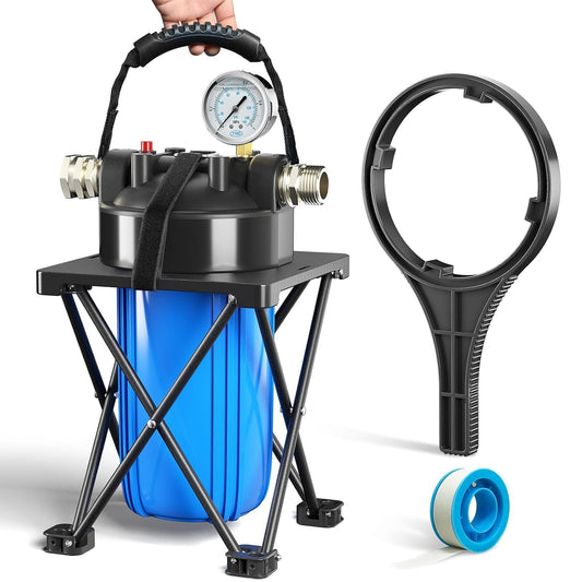 6-Layer RV Water Filter with Stand and Pressure Gauge, 3/4" GHT Metal Threads Inline Water Filter, Removes Sediments, Chlorine, VOCs, Heavy Metals, Bad Taste, Odor, and More
