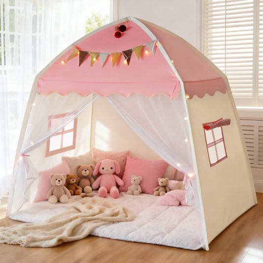 Kids Play Tent Indoor Teepee: Princess Castle Reading Nook with Mat Lights Carry Bag Mesh Windows Quick Setup for Bedroom Playroom Girls Ages 3-12 - 59x39x59 in