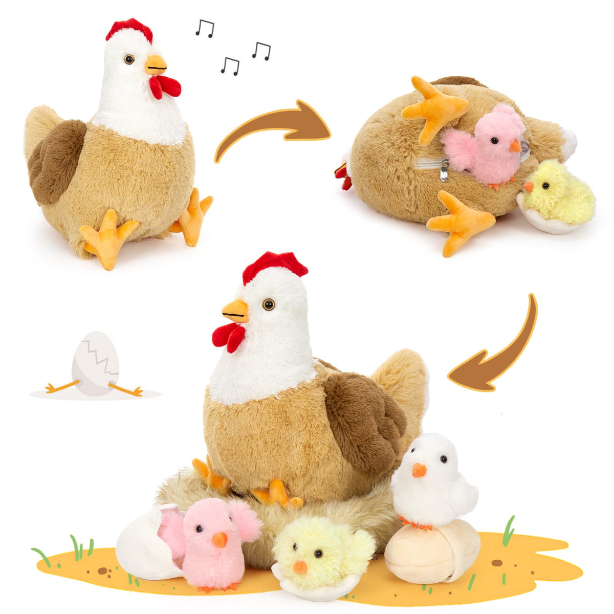 Karister 7Pcs Chicken Stuffed Animals, Stuffed Hen Plush with Baby Chicks & Eggs, Nest Hen Coop Plush Toy Set for Kids, Soft Stuffed Farm Animal Plushie for Birthday Christmas Easter Gift, 14"