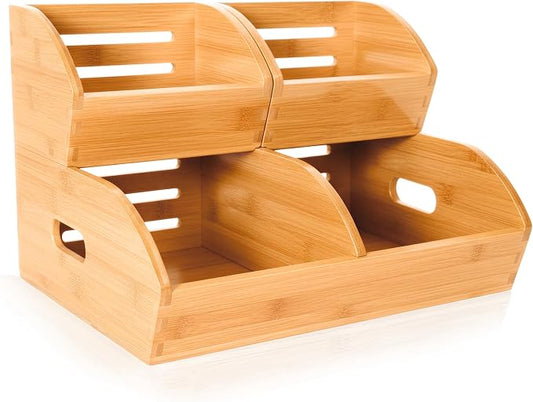 Potato and Onion Storage Bin for Pantry and Kitchen, Ventilated Stackable Bamboo Storage Bins with Handles - Multipurpose Organizers, Produce Containers for Bread, Vegetable, Fruit (Natural, 3 Pack)