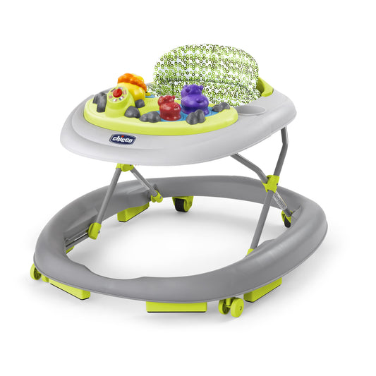 Chicco Walky Talky Foldable Baby Walker, Multilingual Play Tray with Music and Lights, 3 Height Adjustments, Brake Pads, for Children up to 26 lbs., Compact Fold, Circles/Grey/Green