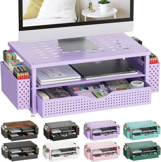 2 gianotter Desk Organizers and Accessories, Monitor Stand with Drawer and Pen Holder, Purple Desk Accessories