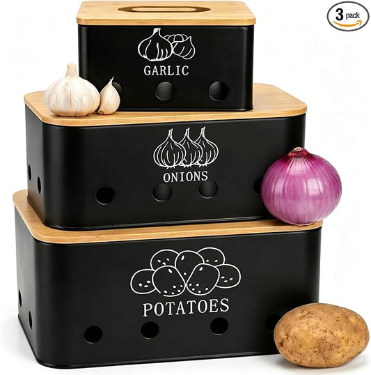 3 Pack Potato Onion Garlic Storage Set, Metal Vegetable Storage Bins with Aerating Holes Bamboo Lids, Large Capacity Kitchen Canister Black Food Container for Countertop, Pantry