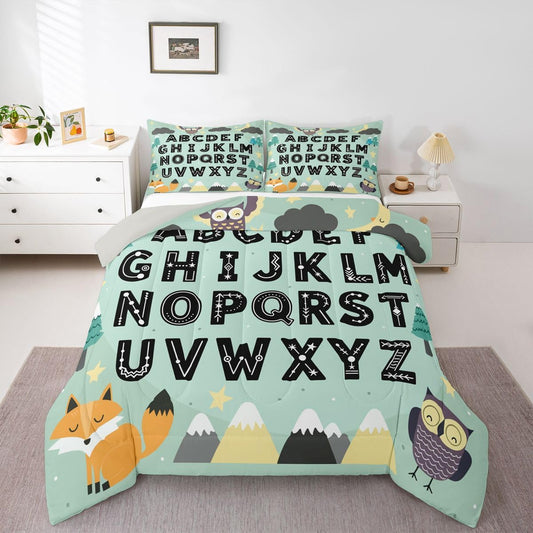 Feelyou Alphabet Kids ABC Learning Comforter Set All Season Cute Fox Bedding Set with 1 Pillow Cases Educational Nursery Art Kids Toddler Bedclothes Woodland Animals Bedroom Decor Duvet Quilt