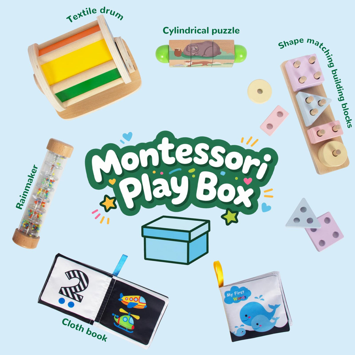 Wooden Baby Toys, 6-in-1 Newborn Learning Educational Sets Includes Mirror Spinning Drum, Rain Stick, Soft Cloth Books, Shape Sorter, Baby Roller - Christmas Birthday Gift for Boys Girls