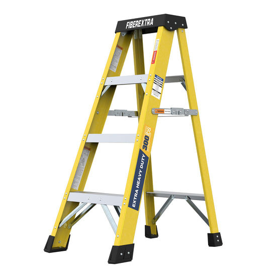 4-Step Fiberglass Step Ladder, 300 lbs Load Capacity, Non-Conductive A-Frame Ladder with Tool Tray, Foldable Single-Sided Stepladder for Home, Garage, Office and Shop