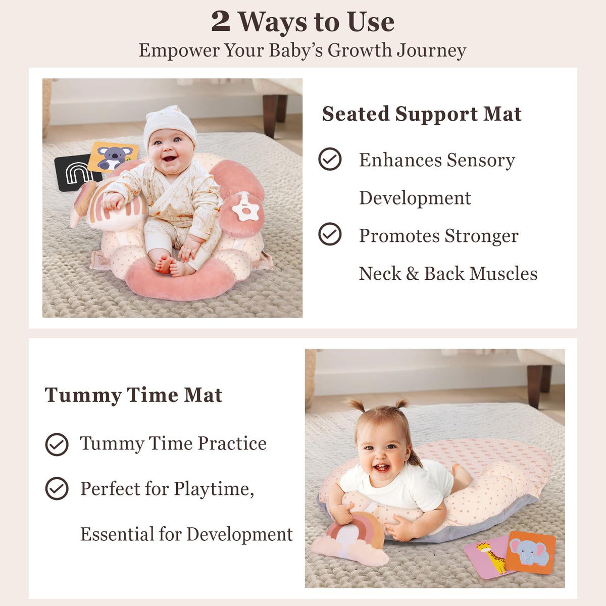 4 in 1 Tummy Time Mat with Educational Cards, Play Mat & Sitting Support for Newborn 0-12 Months, Infant Baby Sit Me Up Floor Seat, Sensory Skills Gifts, Rainbow