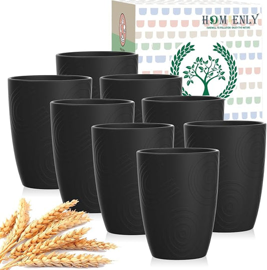 Homienly Drinking Cup Water Tumbler Wheat Straw Cup Set of 8 | Plastic Cups Reusable 16 OZ Drinking Glasses | Unbreakable Stackable Water Tumblers Dishwasher Safe Cup Set for Kitchen - Black