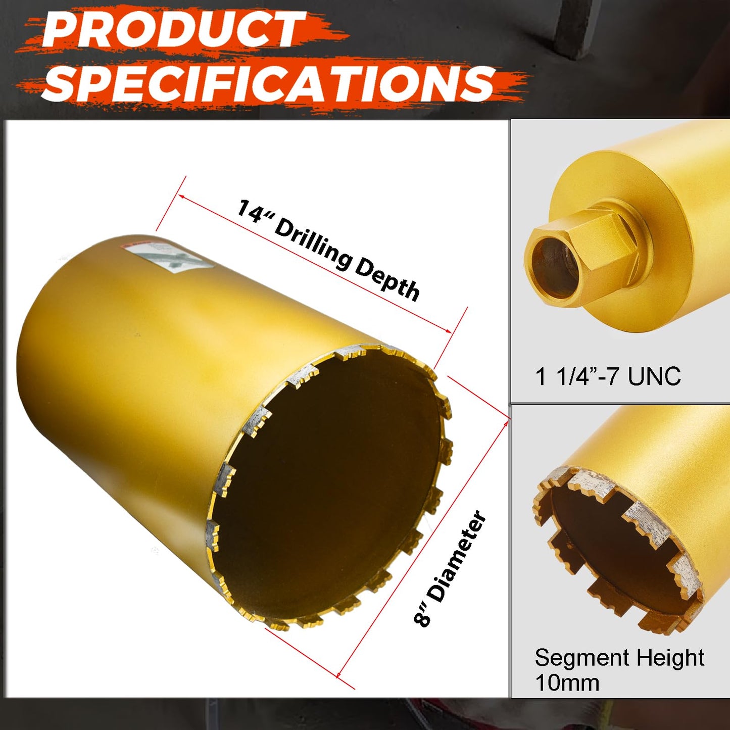 DaduoRi 8 Inch Wet Core Drill Bit, 8" Core Bits for Concrete, 1-1/4"-7 Thread, 14" Drilling Depth Diamond Core Drill for Concrete with Rebar, Masonry, Brick Block,Cement, Stucco, Stone (203mm)
