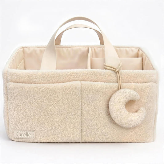 Orelle Bouclé Diaper Caddy Organizer - Portable Changing Table with Matching Pouch & Moon Pendant | Cream