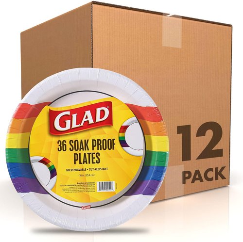 Glad Everyday 10” Round Disposable Paper Plates - Heavy Duty, Soak Proof & Cut-Resistant | 432 Count, Rainbow Design