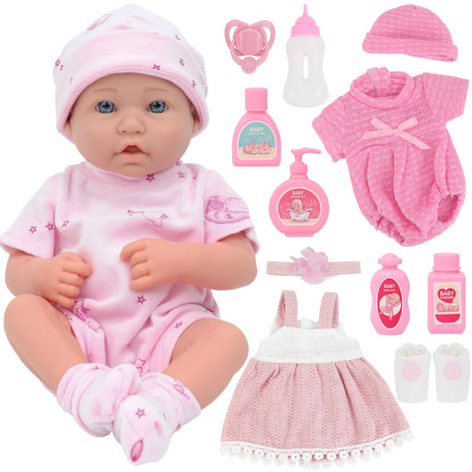 UNICORN ELEMENT 14 Inch Baby Doll-Baby Dolls with 15 Piece Accessories Set, Soft Body Baby Girl Doll, with Bottle & Pacifier, Clothes and Hats, Gift Box for Toddlers Ages 3 4 5