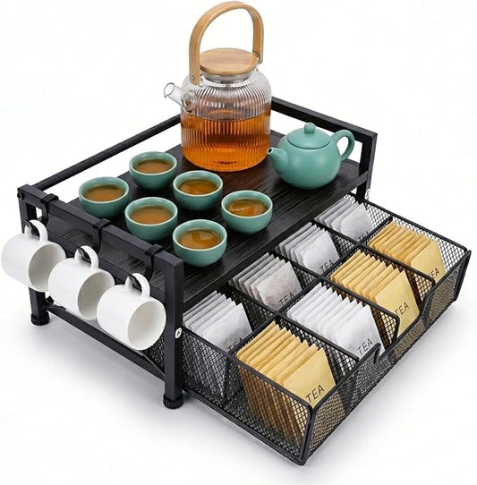 Tea Bag Organizer, Teabag Holder with Storage Drawer, Wood Tea Organizers and Storage Chest, Tea Station Chest Display Container Box for Countertop Kitchen (Grey)