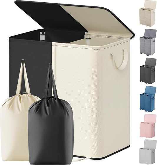 Lifewit Double Laundry Hamper with Lid and Removable Laundry Bags, Large Collapsible 2 Dividers Dirty Clothes Basket with Handles for Bedroom Laundry Room Closet Bathroom College, 136L White&Black