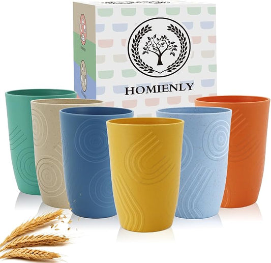 Homienly Wheat Straw Cups Unbreakable Plastic Cups Reusable Drinking Cups for Kitchen, Camping, Picnic, RV, Microwave & Dishwasher Safe Tumblers 16 oz Cups for Kids, Water, Juice, Set of 6 (Multi)