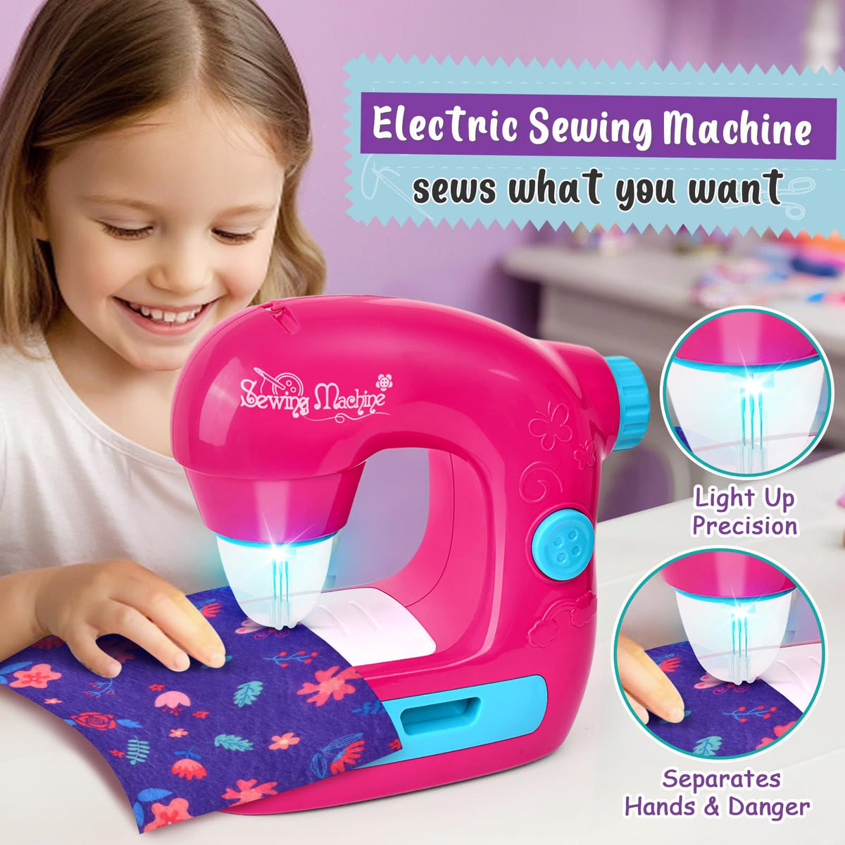 TUZT Mini Sewing Machine Toy Kit for Kids Beginners, 22pcs Portable Electric Sewing Machine with Sewing Kit, Light and Finger Guard, Birthday Christmas Gift for Kids Girls 4-12