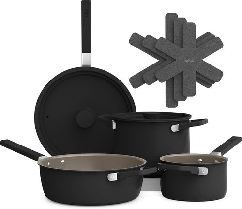 Bella 9-Piece Nonstick Ceramic Cookware Set - Dishwasher & Oven Safe | Stackable Design, Black