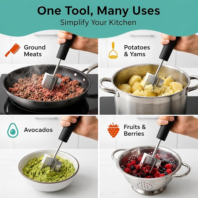 Large Stainless Steel Meat Chopper & Masher | 6-Blade Ground Beef Chopper Tool | Hamburger Smasher | Oversized Ergonomic Handle | Heat Resistant Grip | Dishwasher Safe - 10" (Midnight Plum 10")