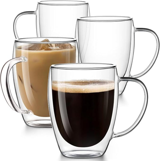 Double Walled Glass Coffee Mugs Set of 4, 12.5OZ Hand Blown Insulated Clear Glass Coffee Cups with Handle,Perfect for Latte,Cappuccino, Espresso, American,Tea Bag, Beverage