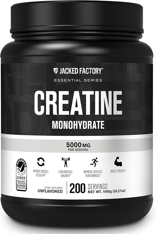 Jacked Factory Creatine Monohydrate Powder 1000g - 5g Daily Creatine Supplement for Men and Women, Vegan-Friendly, Third-Party Tested - 200 Servings, Unflavored