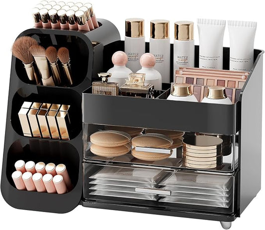 UFORU Makeup Organizer for Vanity with Brush Holder, Large Capacity Bathroom Countertop Skincare Organizer with 2 Drawers, Cosmetic Display Case for Perfumes, Eyeshadow Palettes, Nail Polishes