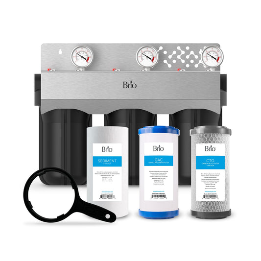 Brio Whole House Water Filter System w/Gauges | 3 Stage Fast-Flow Filtration (5 Micron Sediment, Carbon GAC, CTO Carbon Block) 4.5" x 10" Filters | Improves Taste, Protects Home Appliances | 720 GPH