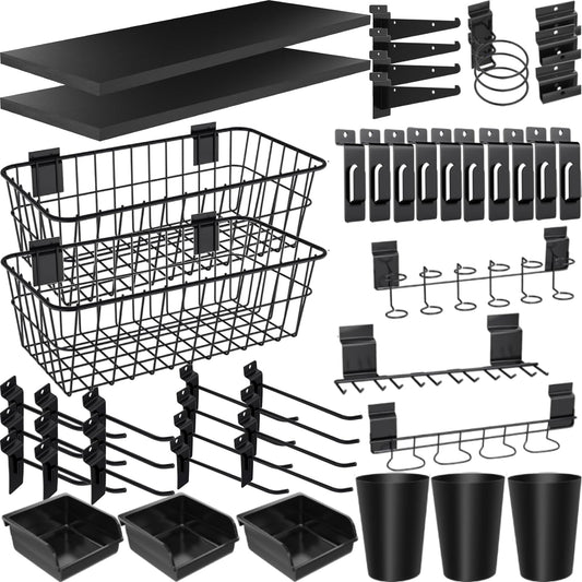BeapTcely 43 Pc Slatwall Organizer Kit with Hooks, Shelves, Baskets, Bins, Cups, Screwdriver Holder for Tool Organization (Black)