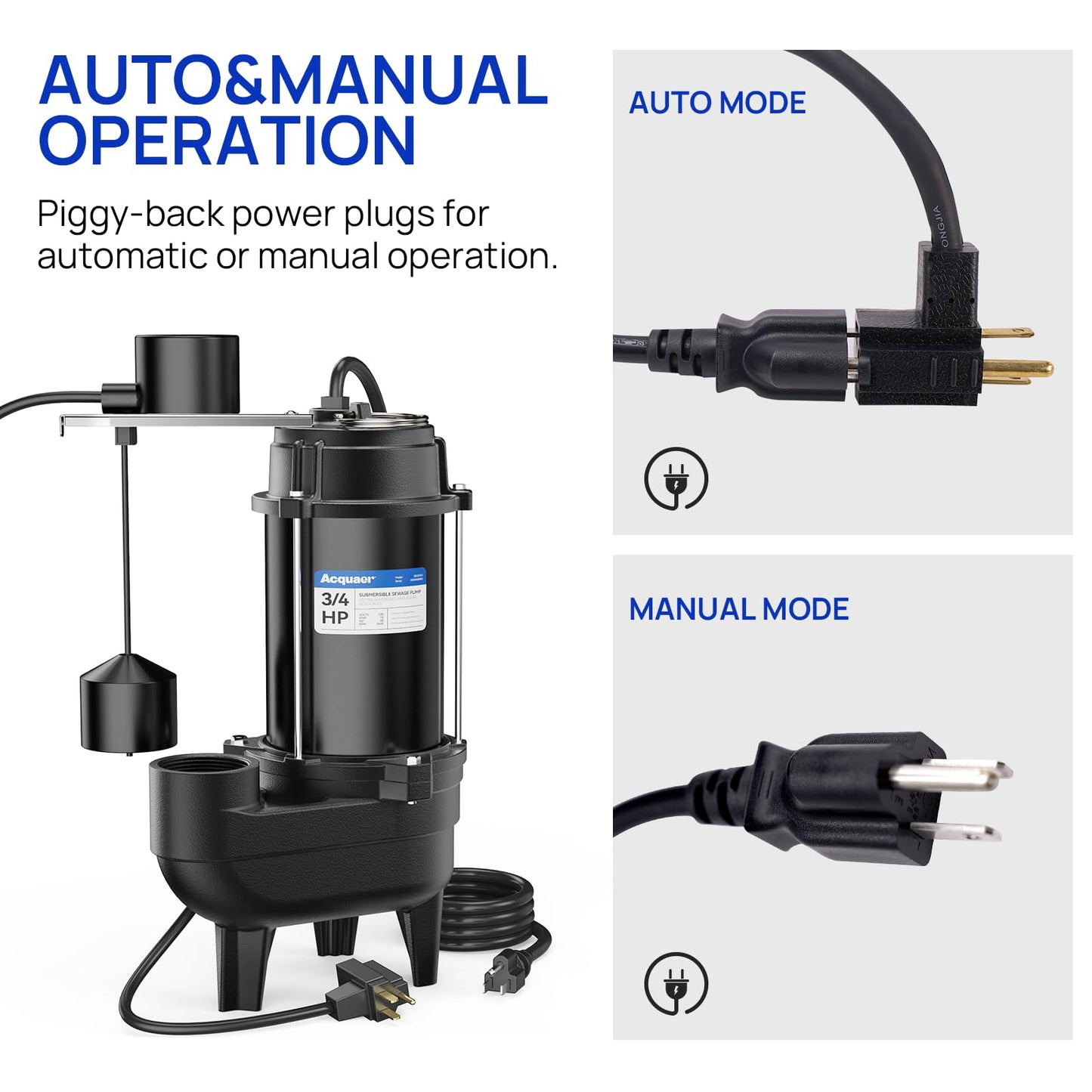 Acquaer 3/4HP Sewage Pump Submersible, 6400 GPH Cast Iron with Automatic Integrated Vertical Float Switch and Piggyback Plug, 2'' NPT Discharge Basements Pump for Wastewater, Sewer