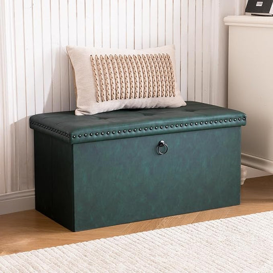 oakvivo Folding Storage Ottoman Bench, Leather Foot Rest Stools with Rivet Design, 15" D x 30" W x 15" H, Ottoman with Storage End of Bed Bench Footstool for Living Room Bedroom, Load 330 lb, Green
