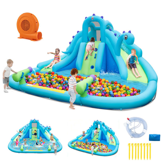 BOUNTECH Inflatable Water Slide Park with Dinosaur, Double Slides Water Park Bounce House w/Climbing Wall, Bouncy Castle with Blower for Outdoor Backyard, Blow up Water Slides Inflatables for Big Kids