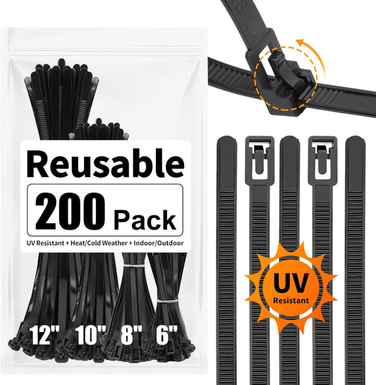 200 Pack 6+8+10+12 inch SOOOEC Reusable Zip Ties Assorted Sizes UV Resistant, Black Zip Ties Heavy Duty Outdoor
