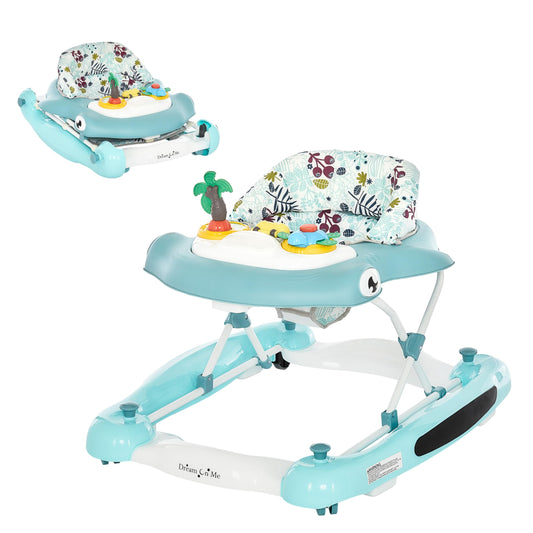 Dream On Me Aloha Baby Walker, 2-in-1 Foldable Infant Activity Walker with Adjustable Height, Musical Toy Tray, Padded Seat & Removable Foot Mat, Compact Folding Design for Babies 6–36 Months - Blue
