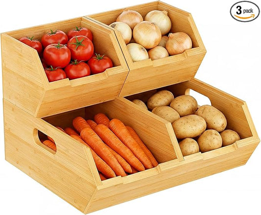 Bamboo Pantry Storage Bins, Stackable Potato and Onion Storage Bin for Kitchen Countertop, Wood Pantry Organizer Baskets for Fruit Vegetable Snack